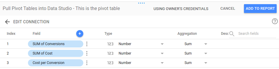 Google Data Studio, Column A missing